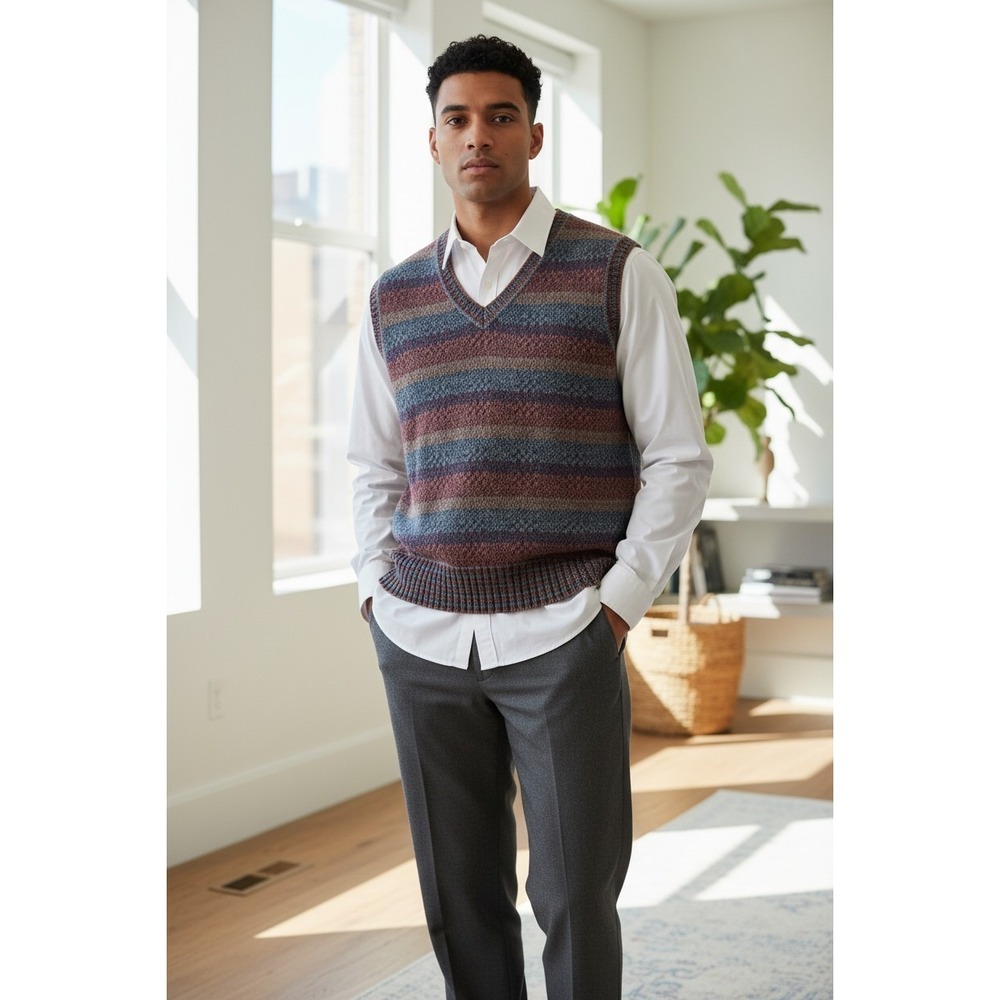 Vtg‎ Arrow Brigade Sweater Vest Knit V-neck Striped Old Money Preppy Mens M